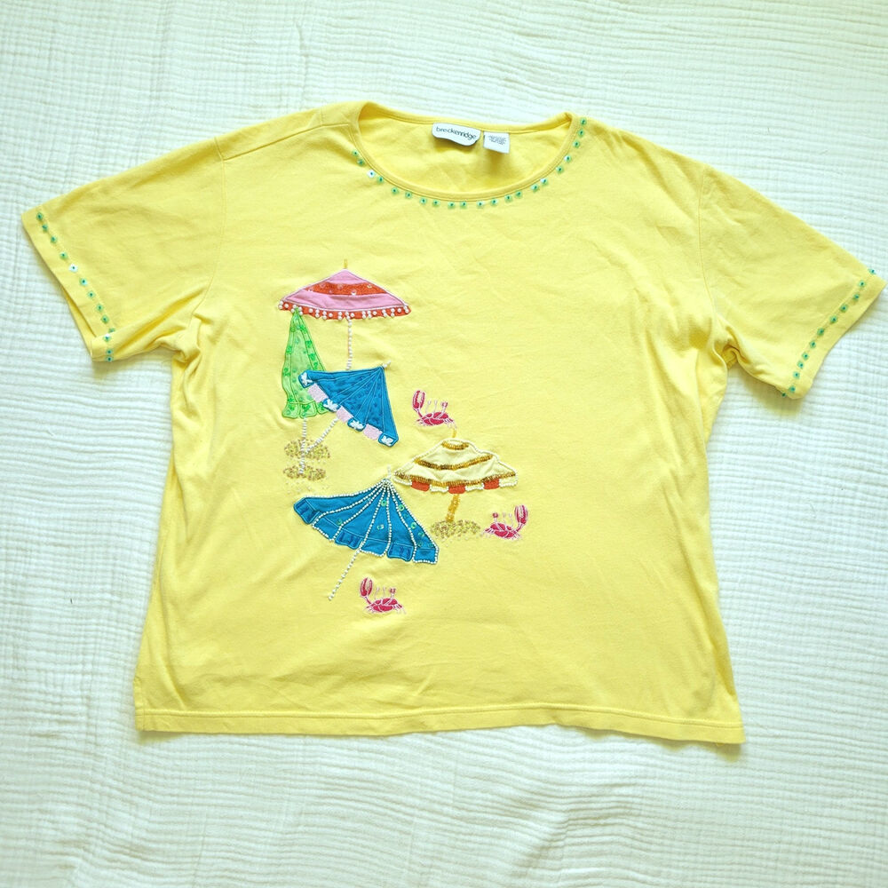 Vintage Breckenridge Yellow XL T Shirt Embroidered Beach Beaded Sequin Summer